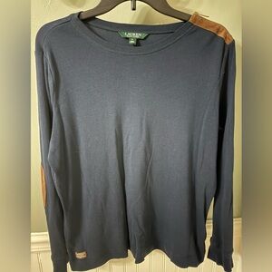 Polo by Ralph Lauren Navy Crewneck Shirt Zippered Neckline and Elbow Patches